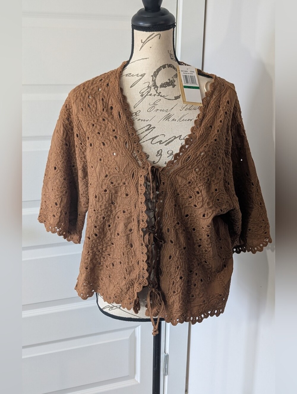 335. Democracy Brown Eyelet Lace-Up Crochet Top Size L